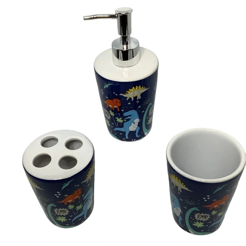Matt & Maddie Dinosaur Bath Accessories Kids Colorful Ceramics Blue 3 Piece Set